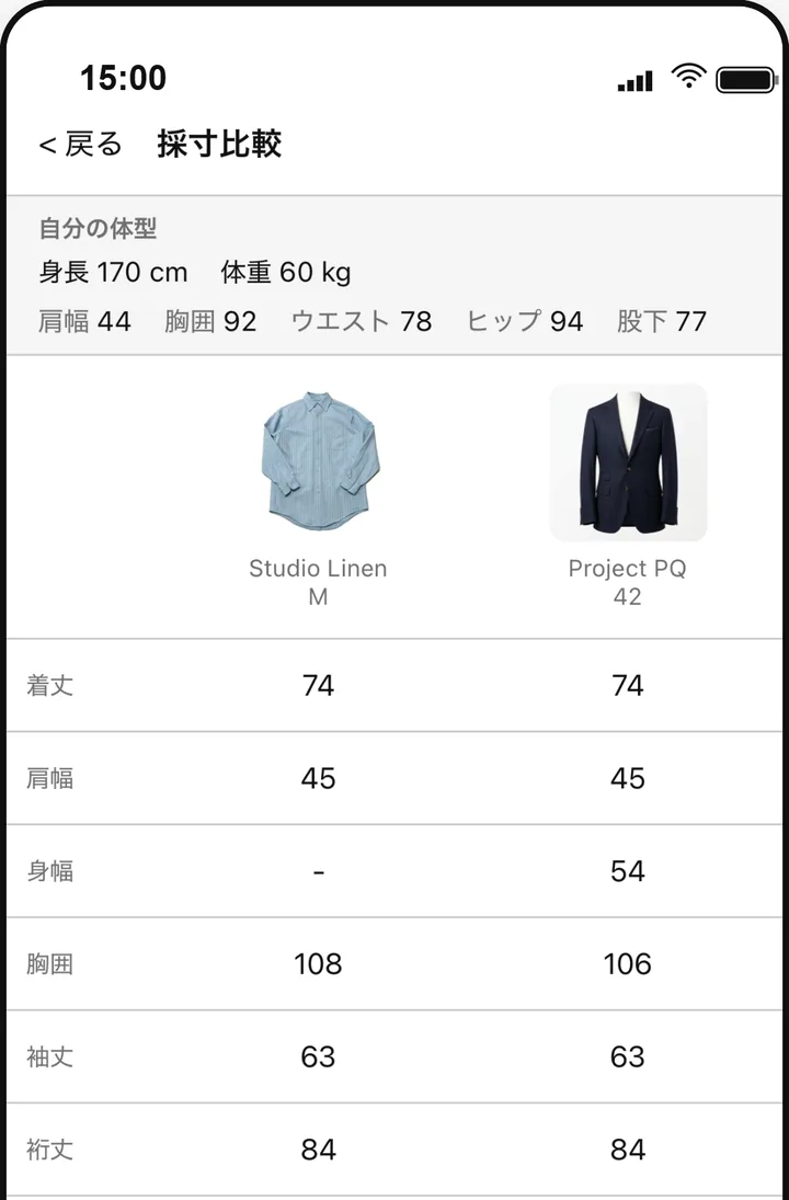 採寸比較画面。複数のアイテムの採寸データと自分の体型が横並びで表示されている